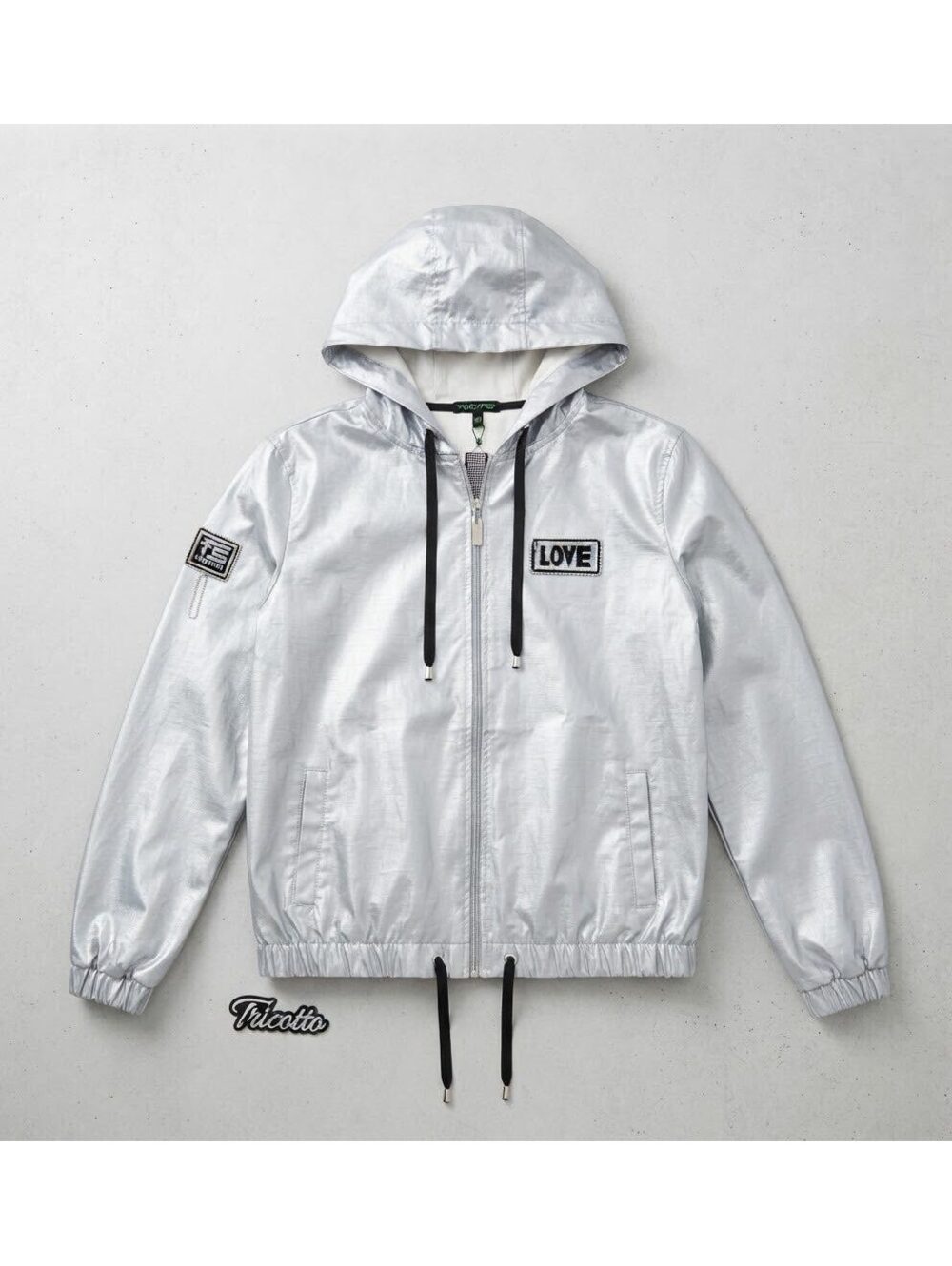 NWT Tricotto Metallic Silver Full Zip Hoodie Jacket Bling "LOVE" Patch Size S/P